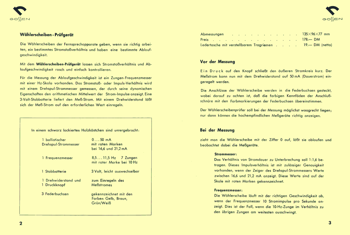 Bedinungsanleitung vom Whlerscheibenprfgert / Nummernschalterprfgert von Gossen